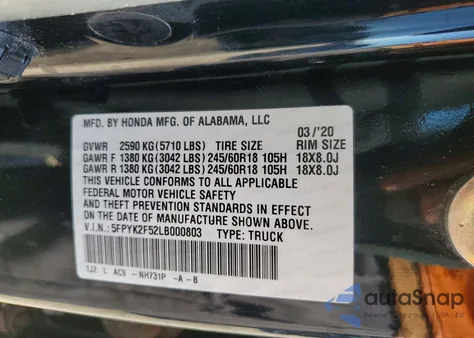 2020 Honda Ridgeline Rtl z USA, uszkodzony, nr VIN 5FPYK2F52LB000803